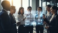 Business team analyzing holographic data visualization in modern office with digital interface technology for strategic planning and analytics.