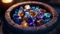 Colorful healing crystals and gemstones in wooden bowl with mystical glow, featuring blue, purple and amber stones for meditation, spiritual practices and alternative therapy.
