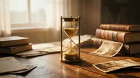 Vintage hourglass with golden sand on wooden desk surrounded by old books and aged papers in warm sunlight creating nostalgic atmosphere for time management concepts.