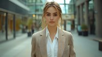 Young Caucasian businesswoman in beige blazer and white shirt standing in modern office building corridor with confident expression and professional demeanor.