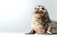 Spotted seal pup with curious expression looking up against white background, showing spotted coat pattern and whiskers. For wildlife and marine life publications.