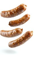 Grilled bratwurst sausages floating on white background, isolated food photography for restaurant menu and culinary projects.