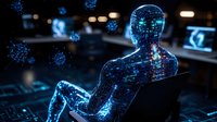 Futuristic digital human silhouette made of glowing blue particles against dark background with floating data elements and circuit patterns. Technology concept.