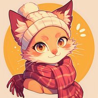 Cozy cartoon cat wearing winter knit beanie and plaid scarf against orange circle background, warm autumn colors in kawaii anime style art.