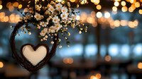 Heart shaped wreath with white spring blossoms against blurred bokeh lights background creates romantic mood for wedding, valentines or anniversary celebrations.