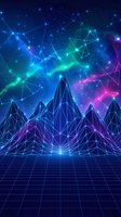 Futuristic digital landscape with neon geometric mountains and glowing network connections in cyberpunk style for technology and sci-fi designs.
