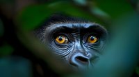 Close up portrait of primate eyes showing intense amber gaze through green foliage, dramatic wildlife photography highlighting facial features and expression.