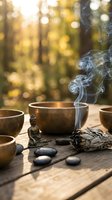 Meditation setup with smoking bowl, Buddha statue and sage bundle on wooden table in golden forest light for wellness and spiritual practices.