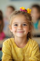 Young girl in yellow sweater with flower hair clips smiling warmly at camera. Soft focus background creates depth while highlighting natural expression and innocence.