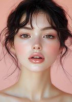Young Asian woman with natural makeup, glossy lips, and loose dark hair against pink background, showcasing fresh dewy skin and romantic beauty look.