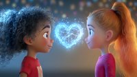 Two diverse young girls face each other with glowing magical blue heart floating between them, symbolizing friendship, love and acceptance against blurred background.
