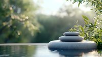 Zen stones stacked on water surface with green leaves and soft bokeh background creating peaceful spa atmosphere for wellness and meditation.