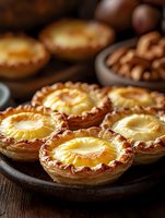 Fresh baked Portuguese egg custard tarts with crispy flaky pastry and creamy filling served on rustic wooden table, traditional pasteis de nata dessert.