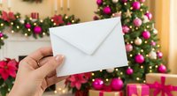 Hand holding white envelope against festive Christmas tree with pink and red ornaments, warm holiday lighting creating cozy seasonal atmosphere for greetings.
