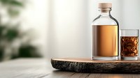 Glass bottle with golden liquid and rocks glass filled with ice on rustic wooden board against blurred background, premium beverage presentation.