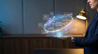 Businesswoman holding holographic digital transformation interface with glowing data analytics icons and network symbols in modern office environment for technology and innovation concepts.