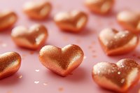 Metallic rose gold hearts with glitter texture scattered on pink background, romantic festive decoration for valentines day and wedding design elements.