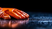 Orange protective rubber gloves on dark glittery surface with dramatic lighting and bokeh effect, representing cleaning and household maintenance concept.