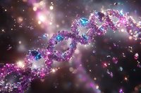 Sparkling DNA helix structure with purple and blue crystal fragments floating in dark space, glowing particles and bokeh lights creating magical atmosphere.