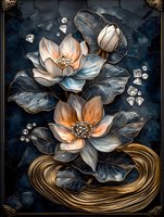 Luminous lotus flowers with metallic gold accents on dark blue background. Elegant floral composition features peach and white blooms with crystal elements and flowing lines.