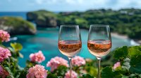 Two glasses of rosé wine against backdrop of turquoise bay, green cliffs and pink flowers, perfect for summer vacation promotion.
