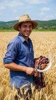 Happy male farmer with straw hat and sickle standing in golden wheat field during harvest season under blue sky with mountains in background.