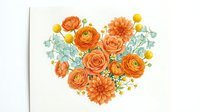 Orange ranunculus and dahlia flowers arranged in heart shape with eucalyptus leaves on white background, isolated for wedding and romantic designs.