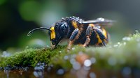 Macro photography of wet bee resting on moss covered surface with water droplets and bokeh effect in background. Natural morning dew creates magical atmosphere.