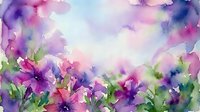 Watercolor floral border with purple pink flowers and green leaves creating dreamy spring garden frame on white background for greeting cards and invitations.