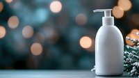 White cosmetic pump bottle with Christmas tree branch and festive bokeh lights background for holiday skincare and beauty product marketing campaigns.