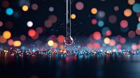 Water drop falling on reflective surface with colorful defocused bokeh lights creating magical atmosphere. Macro photography captures moment of impact against dark background.