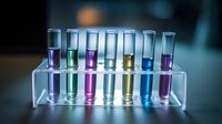 Colorful chemical solutions in test tubes arranged in transparent rack, showcasing vibrant purple, green, pink, gold, and blue liquids for scientific research or education.