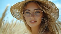 Young woman with straw hat and stylish glasses enjoying sunny day in wheat field, natural beauty portrait with warm golden light and soft bokeh background.