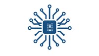 Blue microchip processor icon with circuit board connections radiating outward in circular pattern on white background, isolated design element for technology concepts.