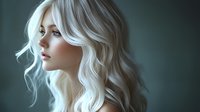 Young Caucasian woman with platinum blonde wavy hair and natural makeup in profile view against dark teal background, soft ethereal lighting creates dreamy atmosphere.