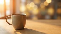 Warm ceramic mug filled with hot beverage sitting on wooden table with golden sunlight streaming through window and blurred background, perfect for coffee shop, morning routine, and lifestyle marketing.