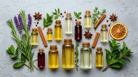 Essential oils collection in glass bottles with fresh herbs, spices and dried orange slice arranged on textured white background for aromatherapy and wellness.