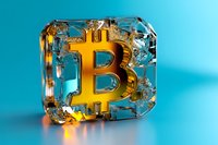 Golden bitcoin symbol frozen in clear ice cube against blue background, cryptocurrency concept with dramatic lighting and reflective surfaces.