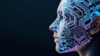 Futuristic profile of artificial intelligence face with glowing circuit patterns in blue and purple gradient on dark background, representing machine learning technology.