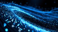 Glowing blue particles and light waves flowing in dark space create dynamic motion effect with bokeh and sparkle elements for technology backgrounds.