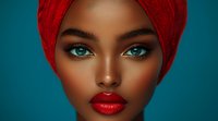 African woman with striking blue eyes wearing red turban and bold red lipstick against turquoise background, dramatic beauty portrait highlighting unique features.