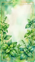 Watercolor herb garden frame with fresh basil leaves and golden border on cream background, isolated design for invitations, menus, and botanical projects.