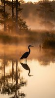 Silhouette of heron standing in misty lake at golden sunrise with trees reflected in calm water creating peaceful wetland scene for nature photography.