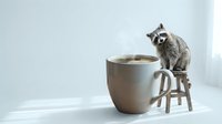 Cute raccoon sitting on wooden chair next to oversized coffee mug in minimalist white interior setting for creative design projects and advertising campaigns.