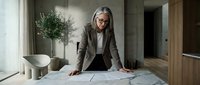 Mature woman with gray hair and glasses wearing brown blazer reviewing architectural blueprints at desk in modern office space with minimalist decor and natural light.
