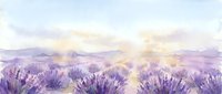 Watercolor lavender field landscape with purple flowers blooming under soft sunlight rays creating peaceful countryside scenery for relaxation and wellness.