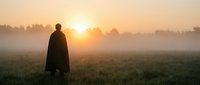 Silhouette of person in cape standing in misty field at golden sunrise with forest background creating atmospheric mood for meditation and solitude concepts.