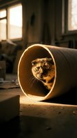 Tabby cat peeking through cardboard tube tunnel in sunlit room, playful pet exploring indoor environment with natural light.