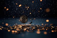 Glowing cryptocurrency coin floating in dark space with scattered golden particles and bokeh lights creating magical atmosphere for finance concept.