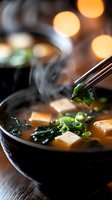 Steaming miso soup with tofu cubes and green onions in black ceramic bowl, chopsticks lifting seaweed against warm bokeh lights, dramatic food photography.